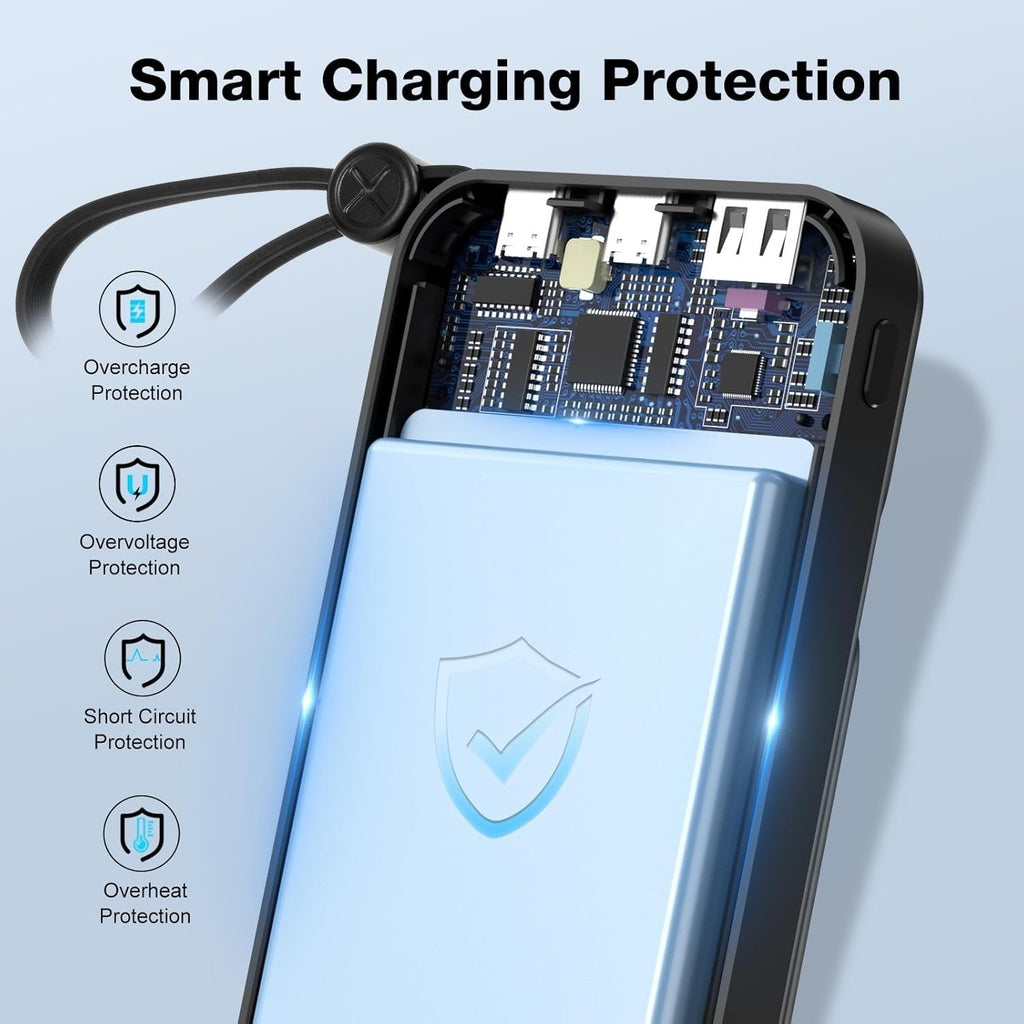 10000mAh Portable Power Bank with 22.5W Fast Charging & 3 Built-in Cables