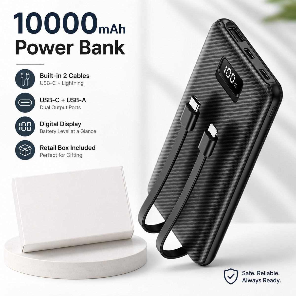 10000mAh Portable Power Bank with Built-in Cables – USB-C & USB-A