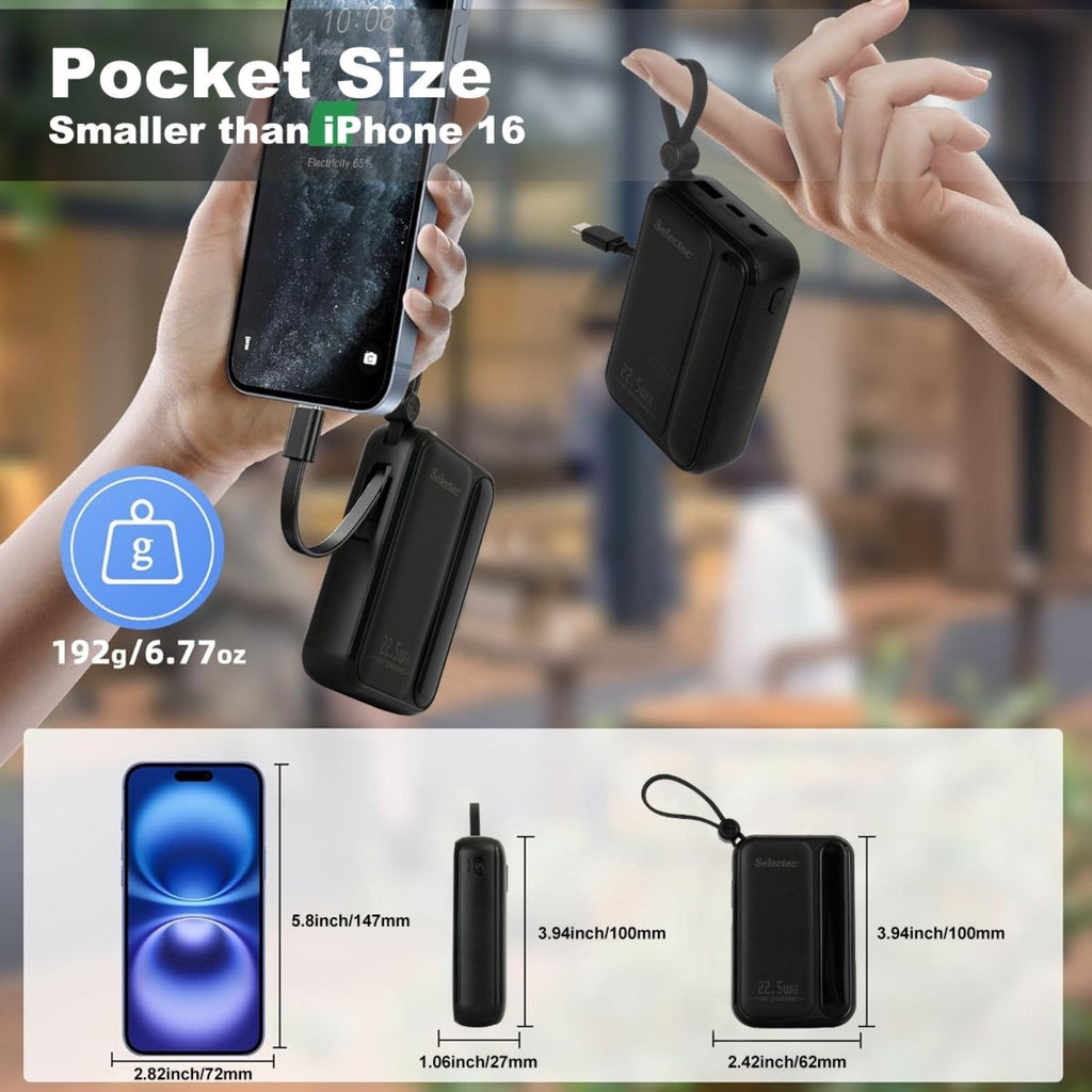 10000mAh Portable Power Bank with 22.5W Fast Charging & 3 Built-in Cables