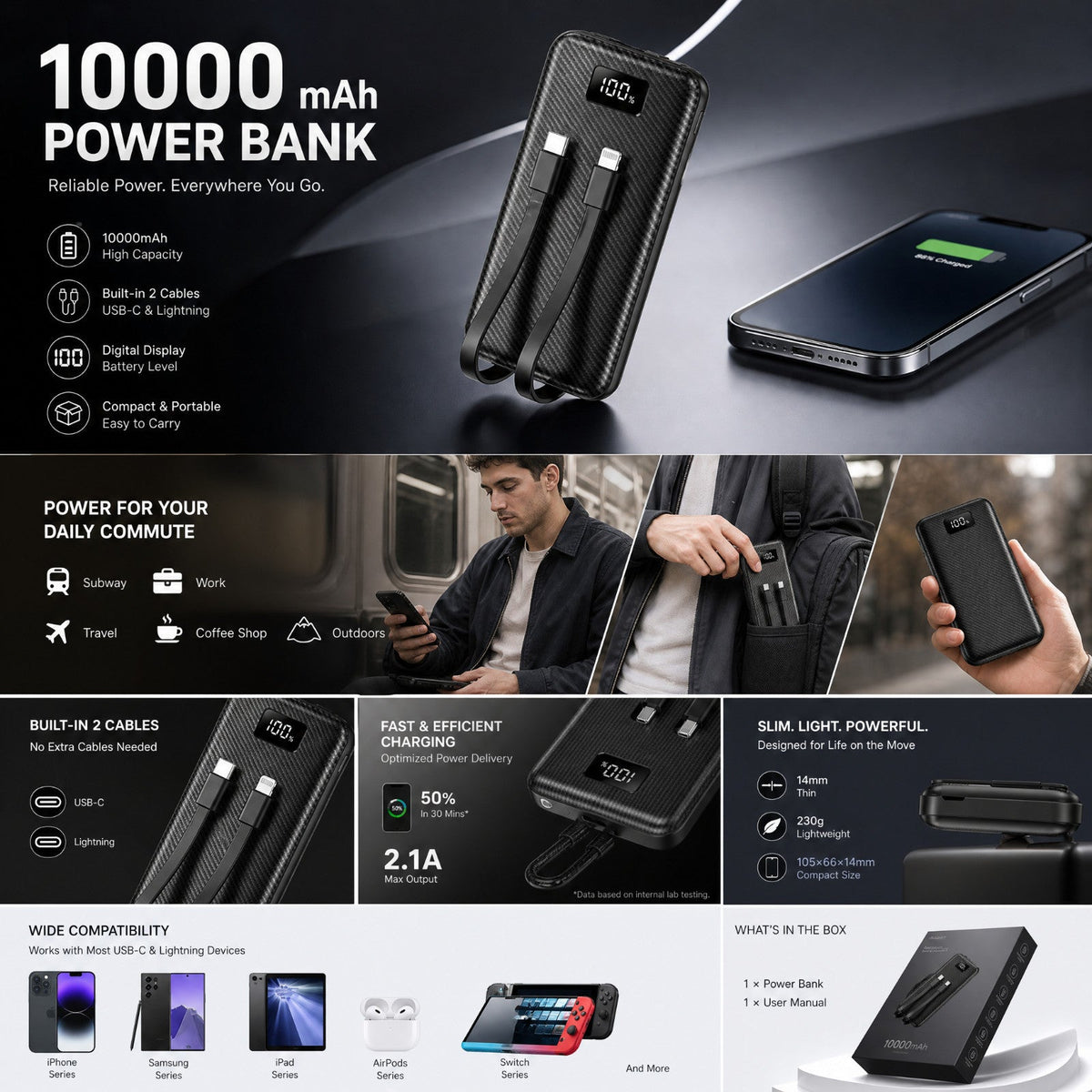 10000mAh Portable Power Bank with Built-in Cables – USB-C & USB-A